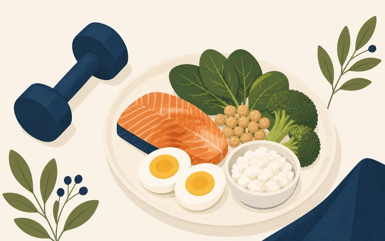Illustration of a protein-rich meal next to a dumbbell for muscle building nutrition