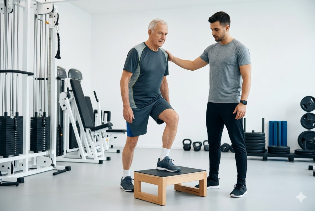 Older adult performing supervised step-up exercise with trainer after hip replacement